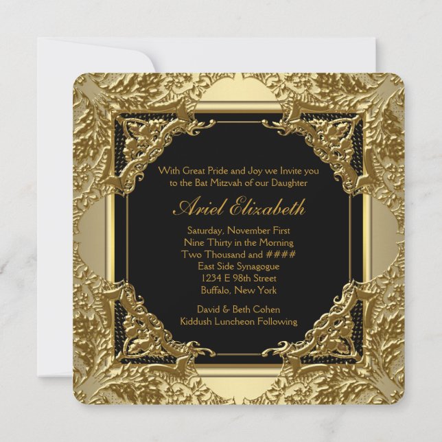 Fancy Black and Gold Bat Mitzvah Invitation (Back)