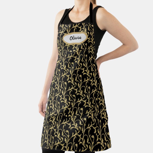 Fancy Black and Gold Leaf Filigree Pattern Brown Apron (Insitu)