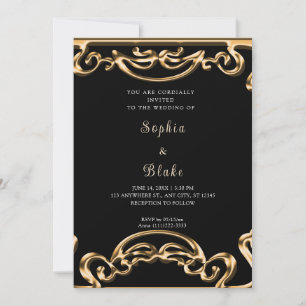 Fancy Black and Gold Scroll Art Deco Wedding Invitation