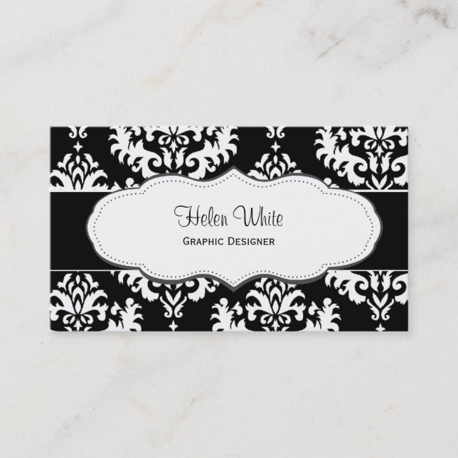 Fancy Black and White Damask Business Cards (Front)
