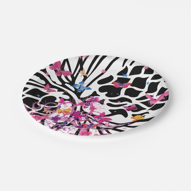Fancy Black and White Floral Butterfly Paper Plate (Angled)