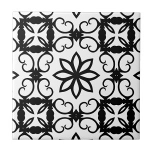 Fancy black and white flower kaleidoscope tile
