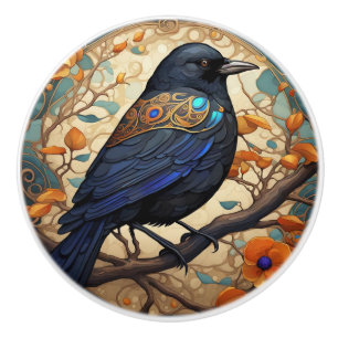 Fancy Black Bird in an Art Nouveau Art Deco style Ceramic Knob