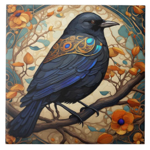 Fancy Black Bird in an Art Nouveau Art Deco style Tile