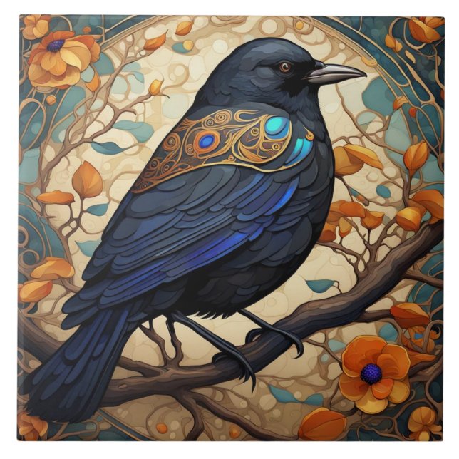 Fancy Black Bird in an Art Nouveau Art Deco style Tile (Front)