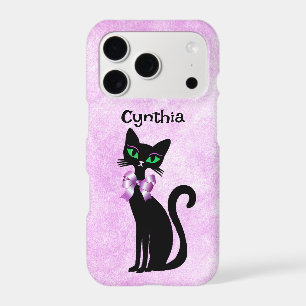 Fancy Black Cat Pink Bow green Eyes on Pink White