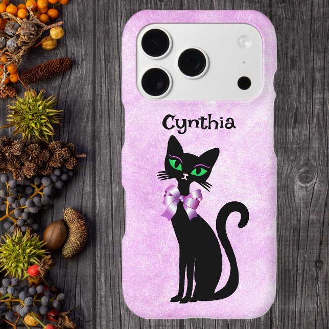 Fancy Black Cat Pink Bow green Eyes on Pink White (Fancy sitting black cat pink bow green eyes on pink and white phone case.)