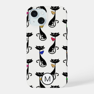 Fancy Black Cats Quirky Pattern Monogram iPhone 15 Case