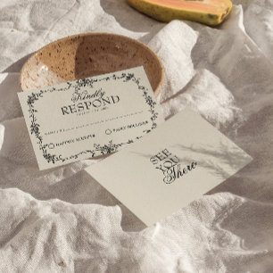 Fancy Black Cream Floral Boho Wedding RSVP Card