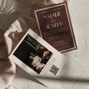 Fancy Black Cream Old Money QR Code Photo Wedding Invitation