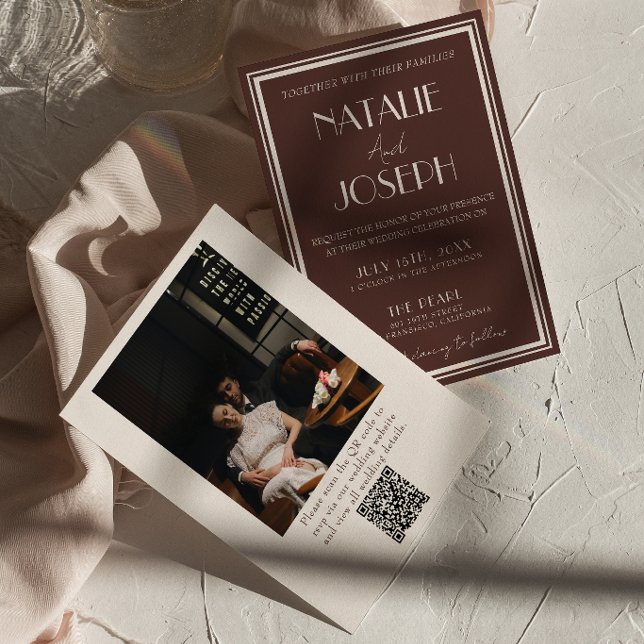 Fancy Black Cream Old Money QR Code Photo Wedding Invitation (Creator Uploaded)