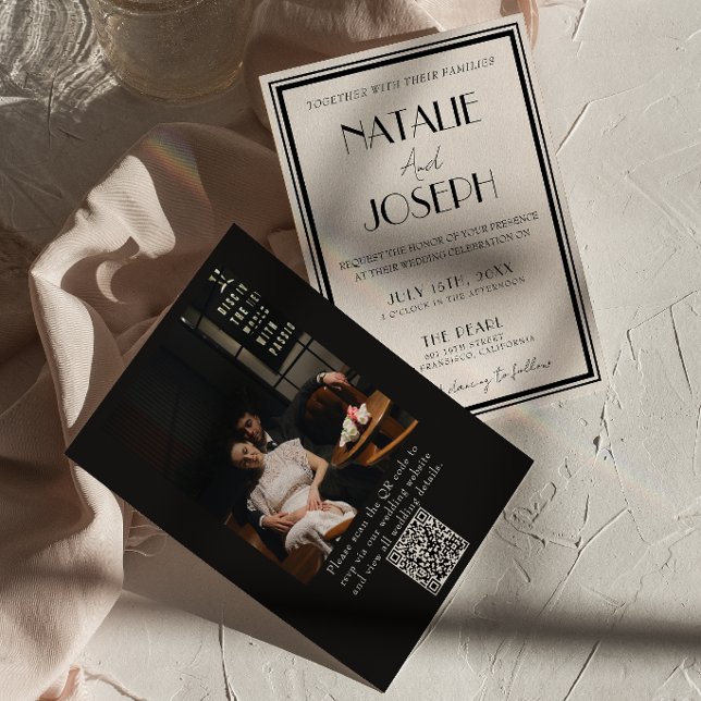 Fancy Black Cream Old Money QR Code Photo Wedding Invitation (Creator Uploaded)