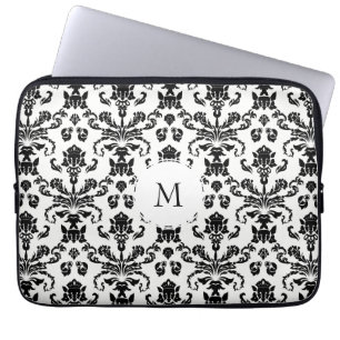 Fancy Black Damask Monogram Laptop Sleeve