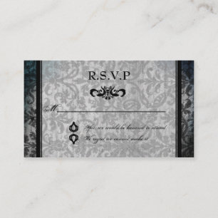 Fancy Black Damask Monogram Reception RSVP Card