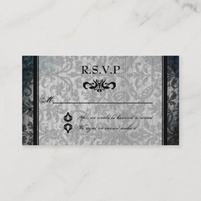 Fancy Black Damask Monogram Reception RSVP Card (Front)