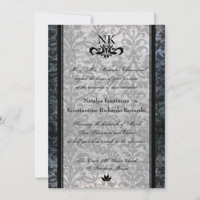Fancy Black Damask Oval Goth Wedding Invite (Front)