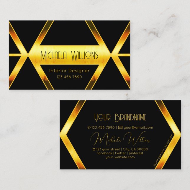 Fancy Black Geometric with Orange Shimmer Modern Business Card (Front/Back)