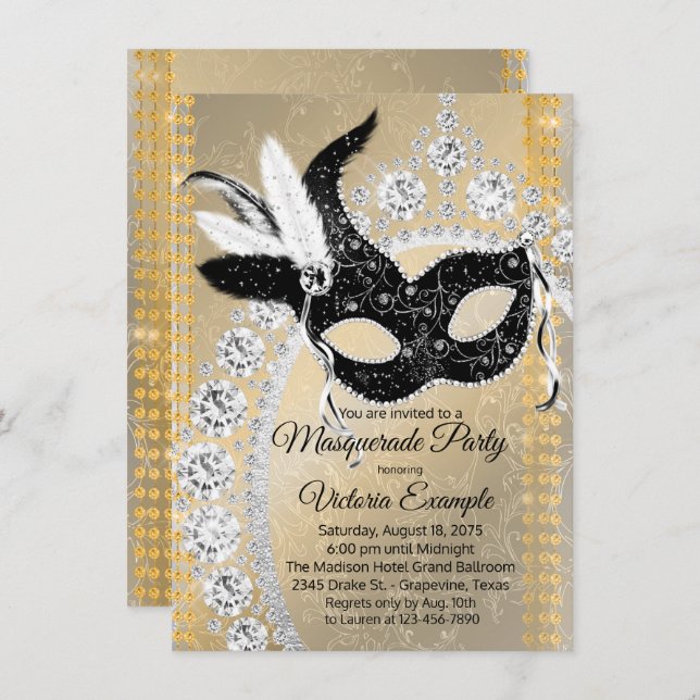 Fancy Black Gold Diamond Masquerade Birthday Party Invitation (Front/Back)