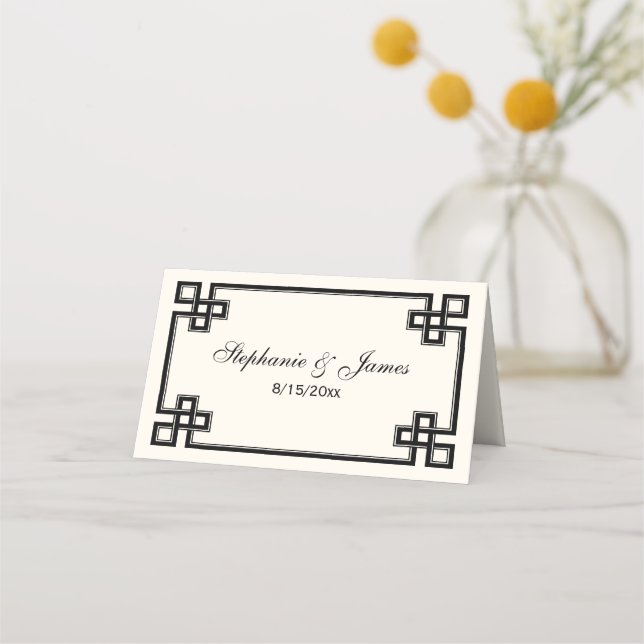 Fancy Black Greek Key Frame Escort Cards Ivory (Front)