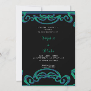 Fancy Black, Green & Blue Scroll Art Deco Wedding Invitation