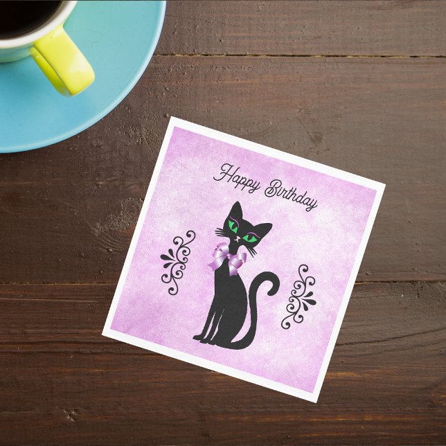 Fancy Black Mid Century Cat Scrolls Bow on Pink Napkin (Fancy black mid century cat pink bow ornate black scrolls on pink Happy Birthday paper napkins.)