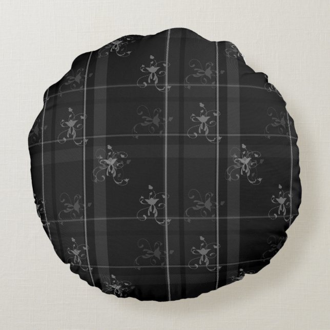 Fancy Black Plaid Cotton Round Throw Pillow (16") (Back)
