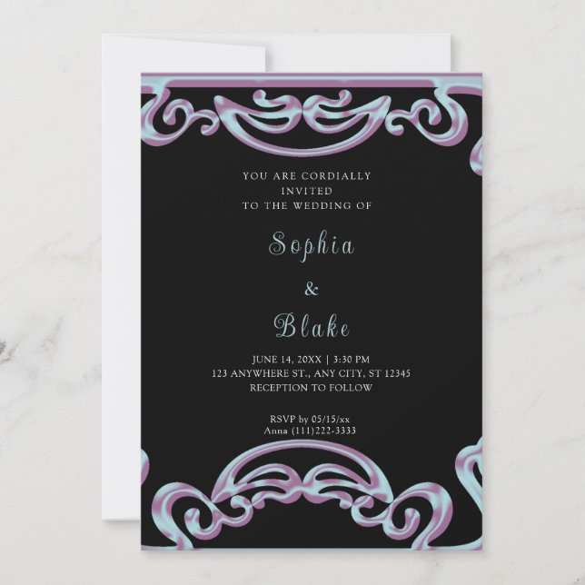 Fancy Black, Purple & Blue Scroll Art Deco Wedding Invitation (Front)
