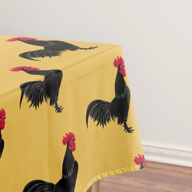 Fancy Black Rooster Tablecloth (In Situ)