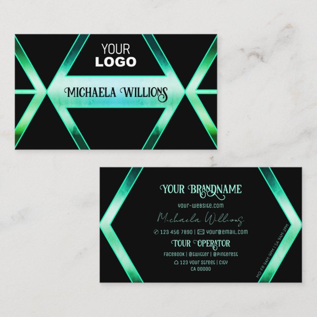 Fancy Black Shimmery Teal Pattern with Logo Modern Business Card (Front/Back)