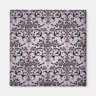 Fancy Black Silver Purple Floral Damask Pattern Magnet