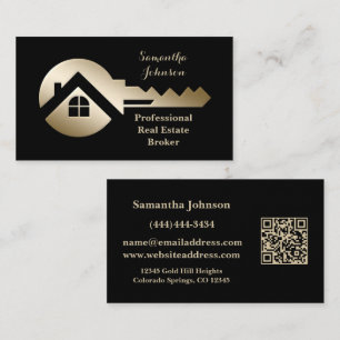 Fancy Black w/Gold Key QR Code Real Estate Business Card