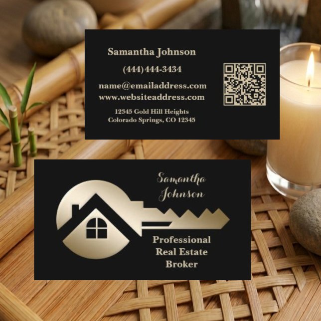 Fancy Black w/Gold Key QR Code Real Estate Business Card (Creator Uploaded)
