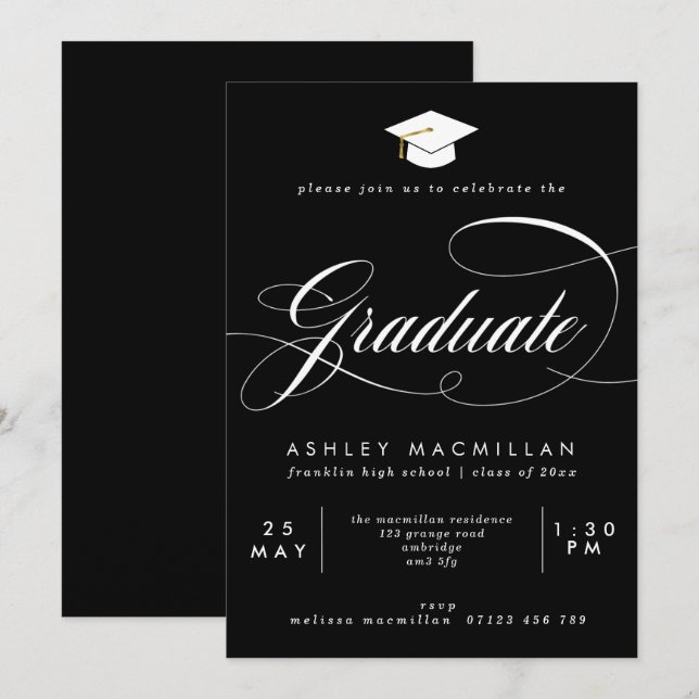 Fancy Black & White Graduation Party Invitation (Front/Back)