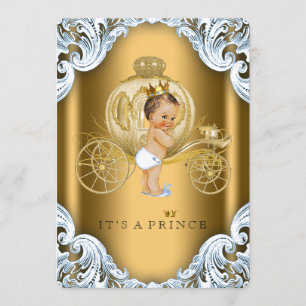 Fancy Blue and Gold Carriage Prince Baby Shower Invitation