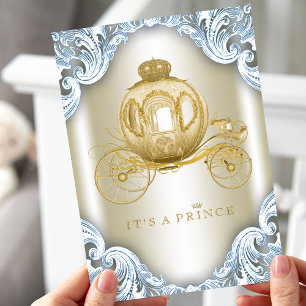 Fancy Blue and Gold Carriage Prince Baby Shower Invitation