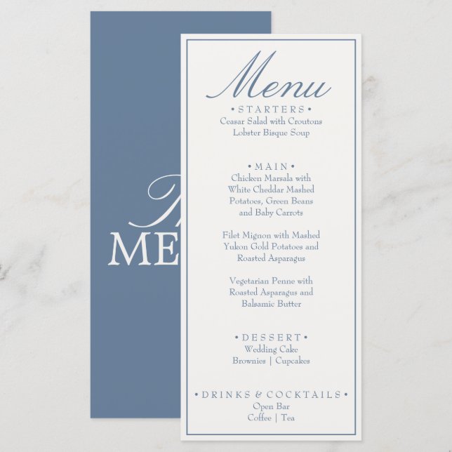 Fancy  Blue And white Old Money Luxury Wedding Menu (Front/Back)