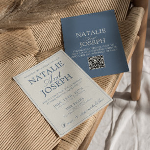 Fancy Blue And White Old Money QR Code Wedding Invitation