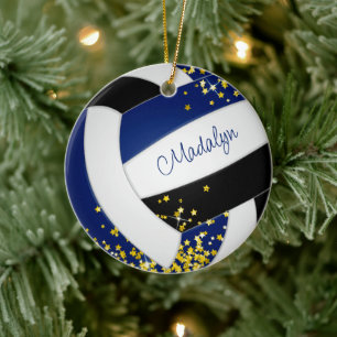 fancy blue black volleyball w gold stars ceramic tree decoration