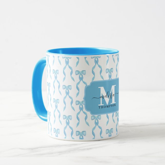 Fancy Blue Bow Monogrammed Mug (Front Left)