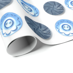 Fancy Blue Buttons Pattern on White Wrapping Paper