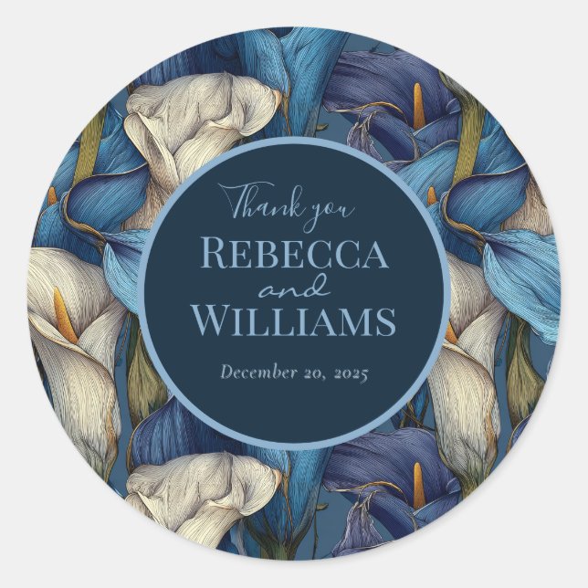 Fancy Blue Calla Lilies Flower Retro Wedding Classic Round Sticker (Front)
