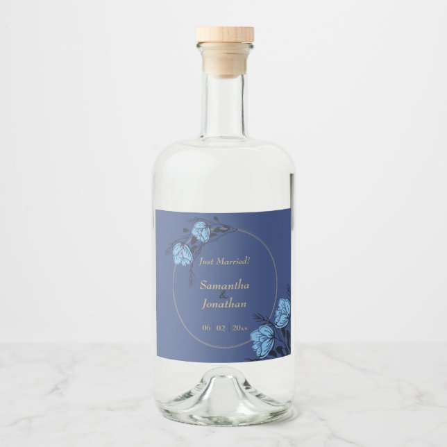 Fancy Blue Flower Wedding Liquor Bottle Label (Front)