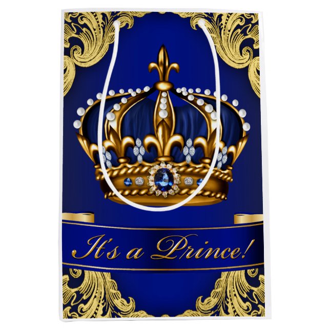 Fancy Blue Gold Prince Baby Shower Medium Gift Bag (Front)