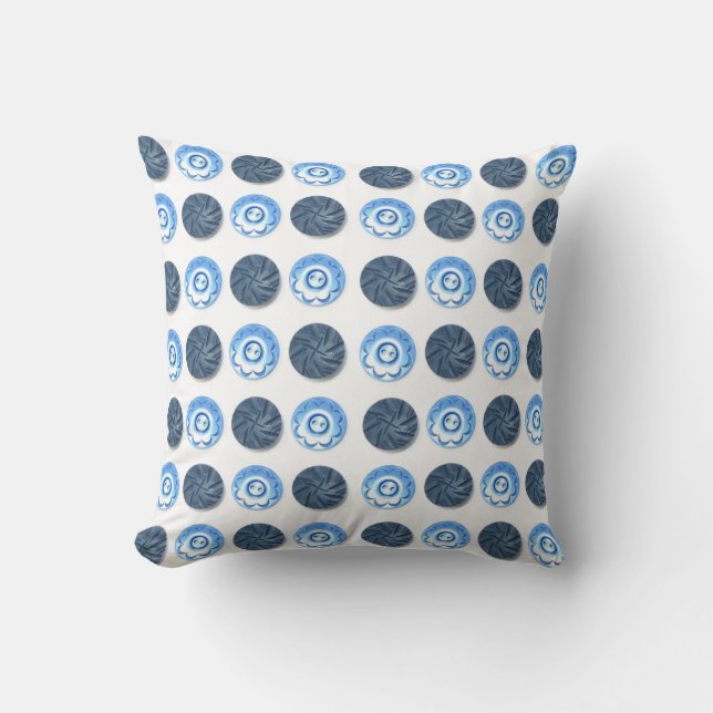 Fancy Blue Sewing Buttons on White Pattern Cushion (Front)