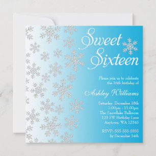 Fancy Blue Snowflakes Winter Wonderland Sweet 16 Invitation