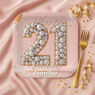 Fancy Blush Pink and Pearl Gold 21st Birthday Paper Plate
