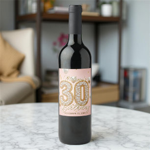 Fancy Blush Pink Gold Pearl Mosaic 30th Birthday Wine Label
