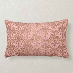 Fancy Blushing Pink and Gold Damask Lumbar Cushion