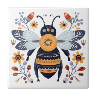 Fancy Boho Honey Bee Scandinavian Folk Art Tile