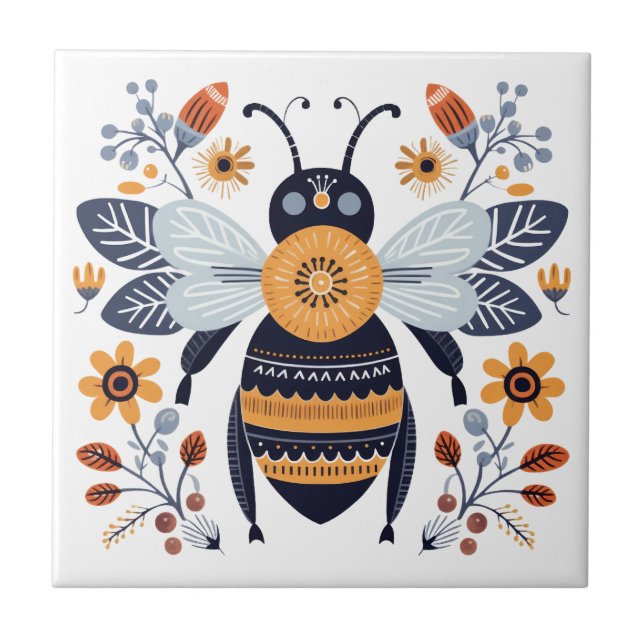 Fancy Boho Honey Bee Scandinavian Folk Art Tile (Front)